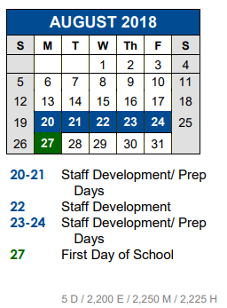 District School Academic Calendar for Academy At Hays for August 2018
