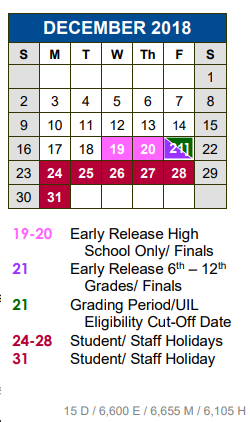 District School Academic Calendar for Buda Elementary School for December 2018