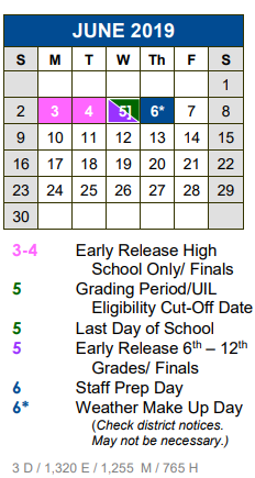 District School Academic Calendar for Science Hall Elementary School for June 2019
