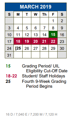 District School Academic Calendar for Academy At Hays for March 2019