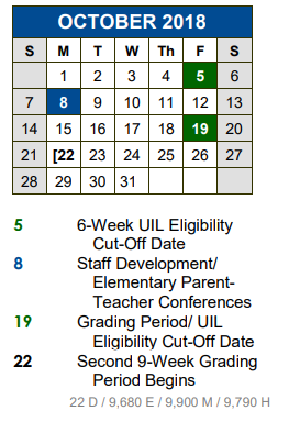 District School Academic Calendar for Dahlstrom Middle School for October 2018