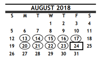 District School Academic Calendar for R D S P D for August 2018
