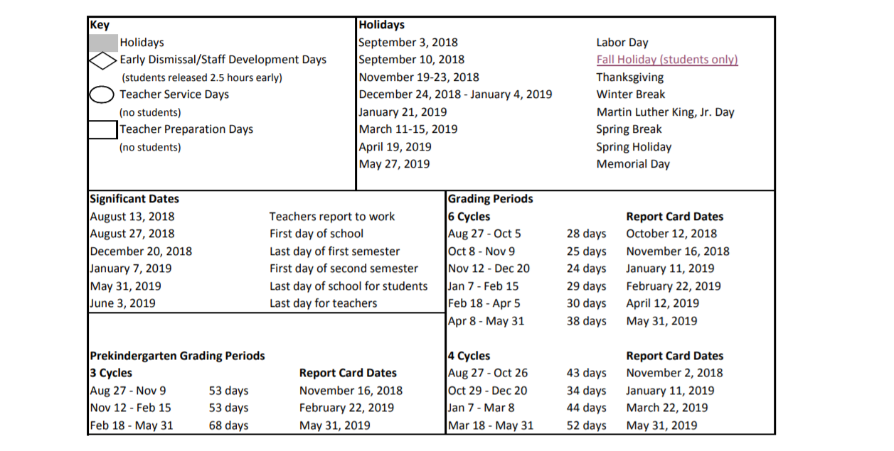 District School Academic Calendar Key for Eastwood Academy