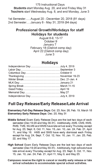 District School Academic Calendar Key for Hidden Hollow Elementary