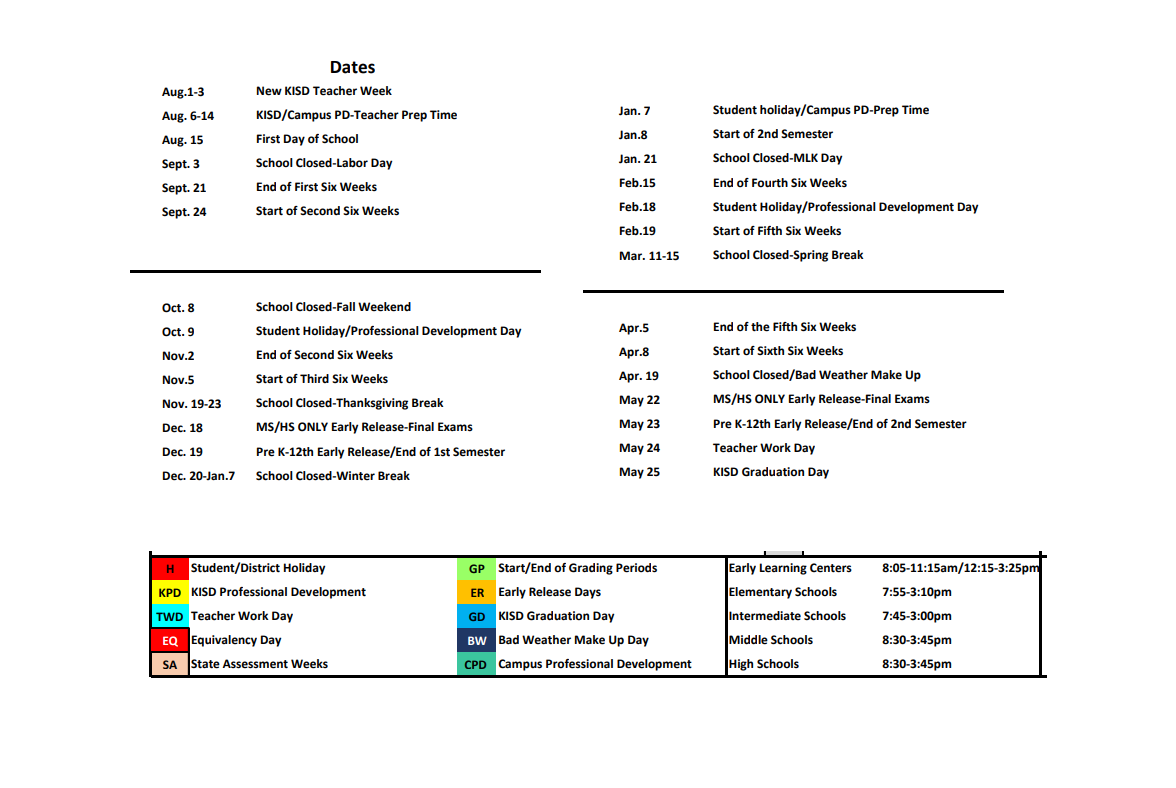 District School Academic Calendar Key for Indian Springs Middle School