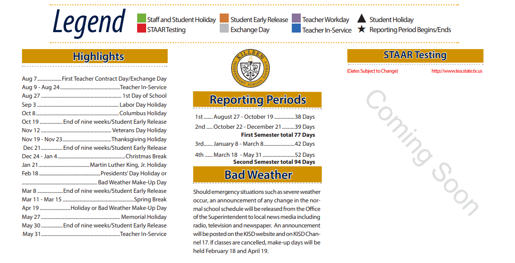 Gateway High School School District Instructional Calendar Killeen Isd 2018 2019