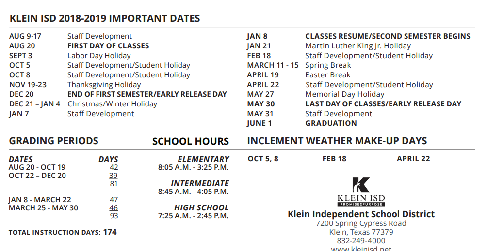 District School Academic Calendar Key for Kuehnle El