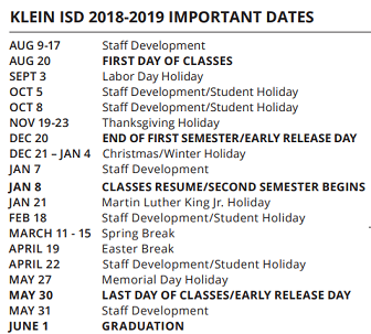 District School Academic Calendar Legend for Klenk Elementary