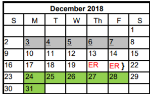 District School Academic Calendar for Canyon Ridge Middle School for December 2018