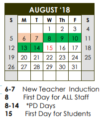 District School Academic Calendar for Jackson Elementary for August 2018