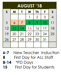 District School Academic Calendar for Whiteside Elementary for August 2018