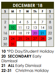 District School Academic Calendar for Brown Elementary for December 2018
