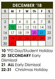 District School Academic Calendar for Cavazos Middle School for December 2018