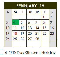 District School Academic Calendar for Williams Elementary for February 2019