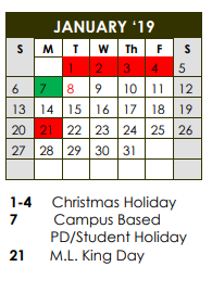 District School Academic Calendar for Arnett Elementary for January 2019