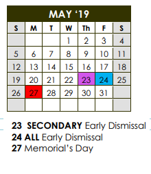 District School Academic Calendar for Jackson Elementary for May 2019