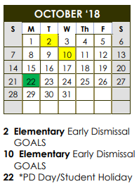 District School Academic Calendar for Ballenger Early Childhood Ctr for October 2018