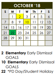 District School Academic Calendar for Whiteside Elementary for October 2018