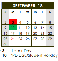 District School Academic Calendar for Lubbock Co J J A E P for September 2018