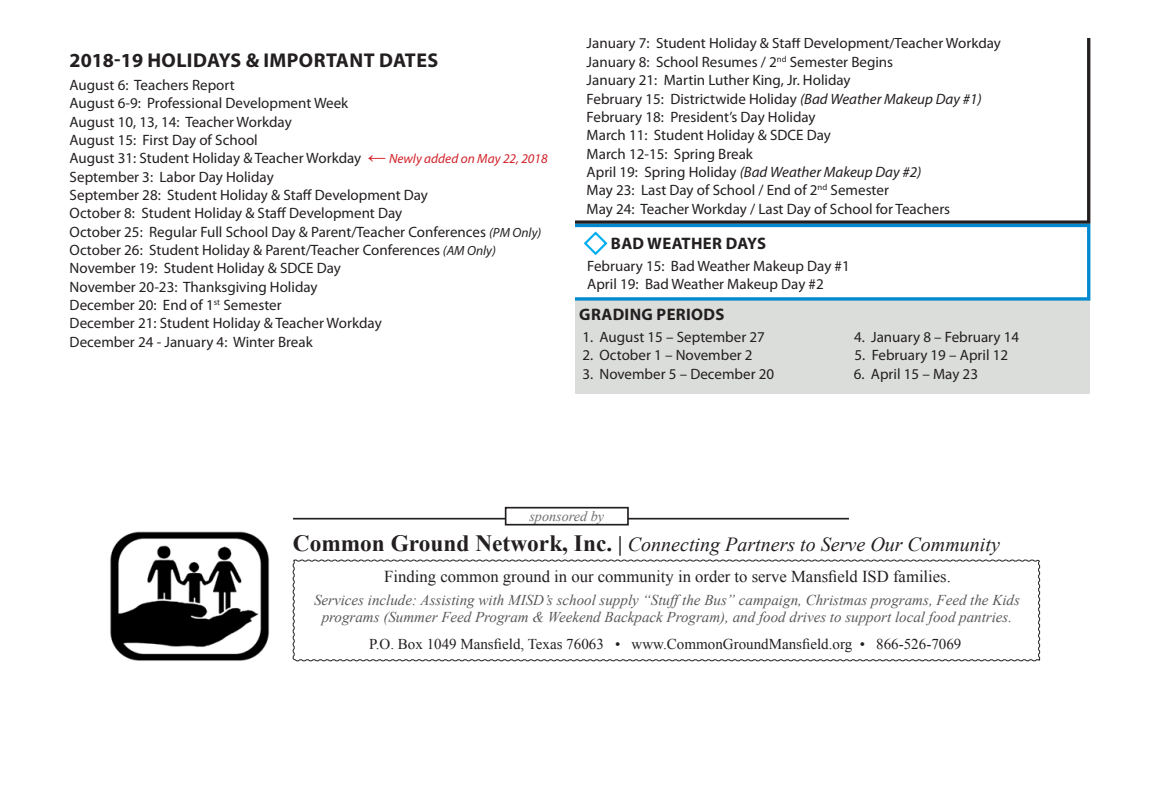District School Academic Calendar Key for Cross Timbers Intermediate
