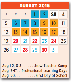 District School Academic Calendar for P A S S Learning Ctr for August 2018