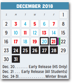 District School Academic Calendar for P A S S Learning Ctr for December 2018