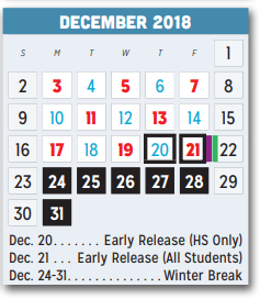 District School Academic Calendar for Moss Elementary for December 2018