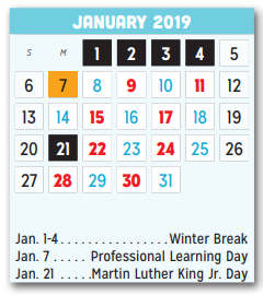 District School Academic Calendar for P A S S Learning Ctr for January 2019