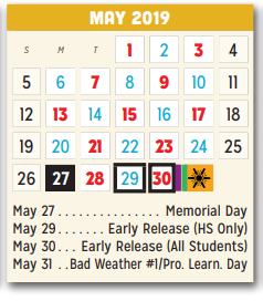 District School Academic Calendar for Seabourn Elementary for May 2019
