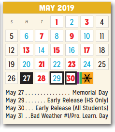 District School Academic Calendar for P A S S Learning Ctr for May 2019