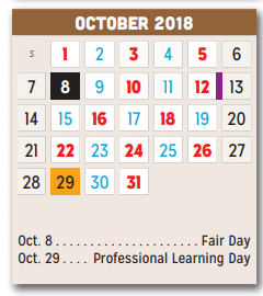 District School Academic Calendar for P A S S Learning Ctr for October 2018