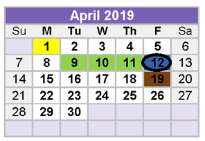 District School Academic Calendar for Bunche Early Childhd Ctr for April 2019