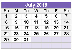 District School Academic Calendar for Milam Elementary for July 2018