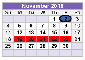 District School Academic Calendar for Culver Youth Home for November 2018