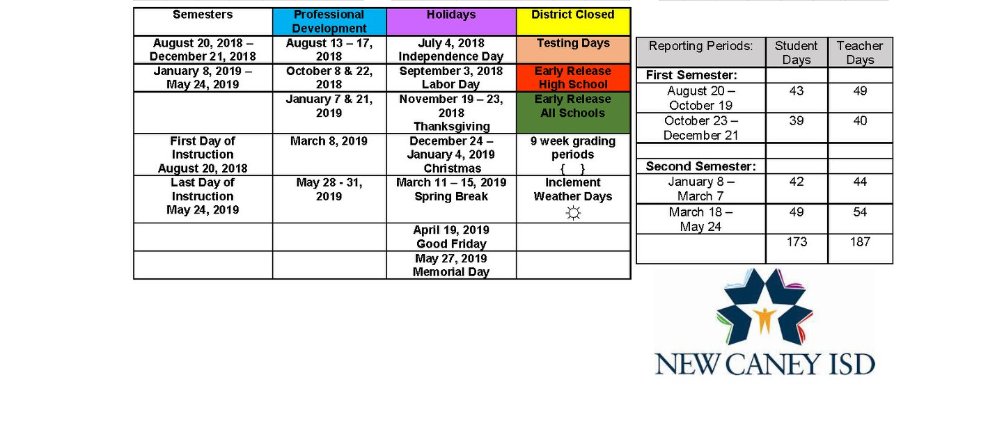 District School Academic Calendar Key for New Caney Elementary