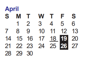 District School Academic Calendar for Holmgreen Center for April 2019