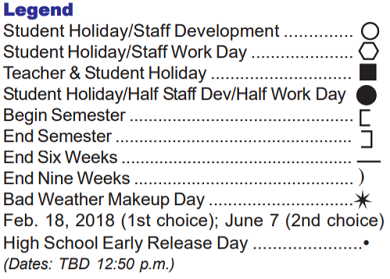 District School Academic Calendar Legend for School Aged Parenting Program