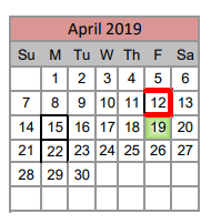 District School Academic Calendar for Denton Co J J A E P for April 2019