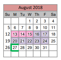 District School Academic Calendar for Denton Co J J A E P for August 2018