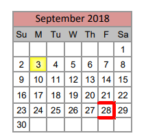 District School Academic Calendar for Denton Co J J A E P for September 2018