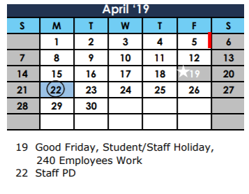 District School Academic Calendar for Burnett Guidance Ctr for April 2019