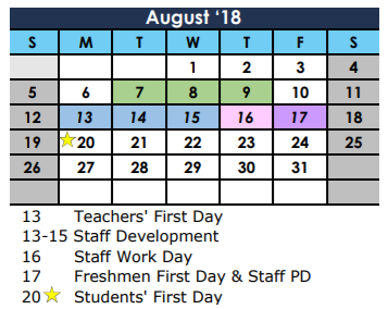 District School Academic Calendar for The Summit Intermediate for August 2018