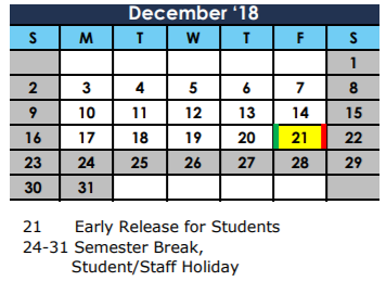 District School Academic Calendar for Jensen Elementary for December 2018