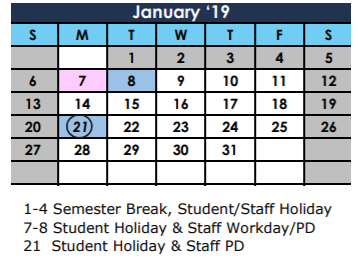 District School Academic Calendar for The Summit Intermediate for January 2019