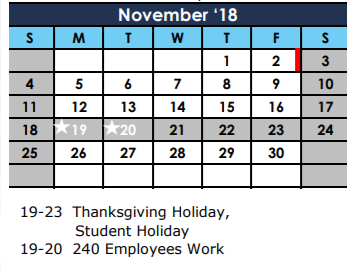 District School Academic Calendar for The Summit Intermediate for November 2018