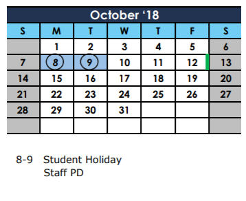 District School Academic Calendar for Burnett Guidance Ctr for October 2018
