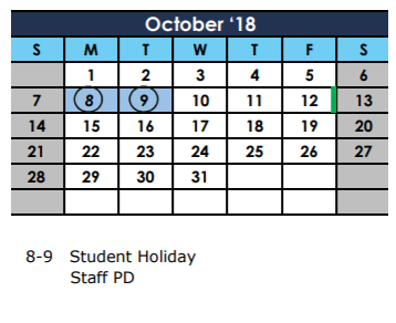 District School Academic Calendar for The Summit Intermediate for October 2018