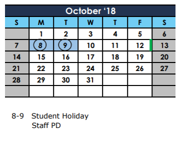 District School Academic Calendar for Jackson Intermediate for October 2018