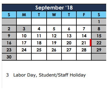 District School Academic Calendar for Laura Welch Bush Elementary for September 2018