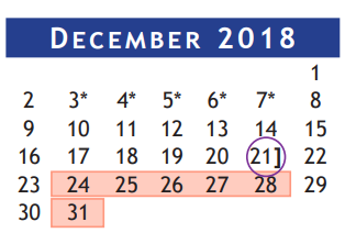 District School Academic Calendar for Brazoria Co J J A E P for December 2018